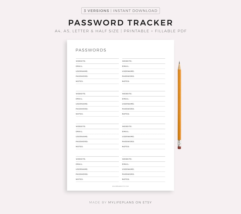 Password Tracker Printable & Fillable, Password Keeper, Password Organizer, Password Log, A4/A5/Letter/Half, Instant Download PDF image 1