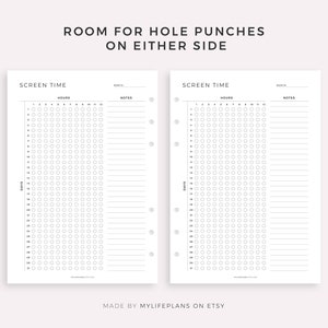 May include: Black and white printable planner page with the title "Screen Time" and a grid of circles for tracking daily screen time. The page has a section for notes and is designed for use with a hole punch.