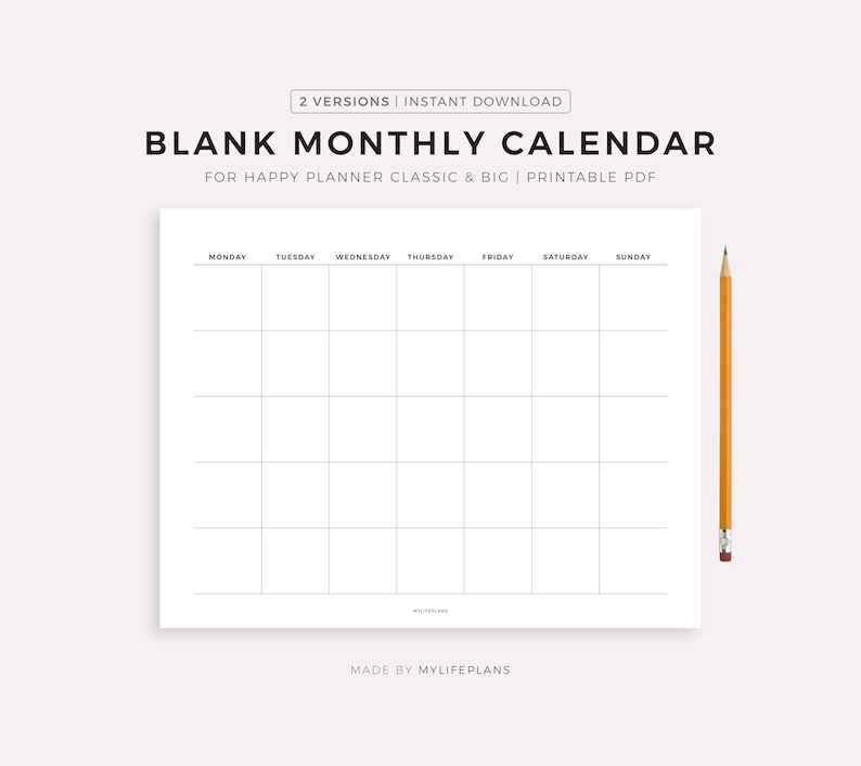 Blank Monthly Calendar Landscape Printable for Happy Planner Classic ...
