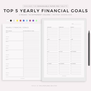 Planificador de los 5 mejores objetivos financieros anuales para Remarkable Paper Pro, descarga instantánea