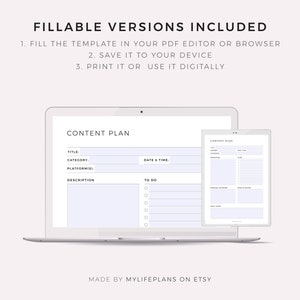 May include: A digital content plan template displayed on a laptop and tablet screen. The template includes sections for title, category, platform, description, date and time, and to do list.