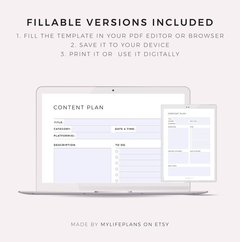 May include: A digital content plan template displayed on a laptop and tablet screen. The template includes sections for title, category, platform, description, date and time, and to do list.