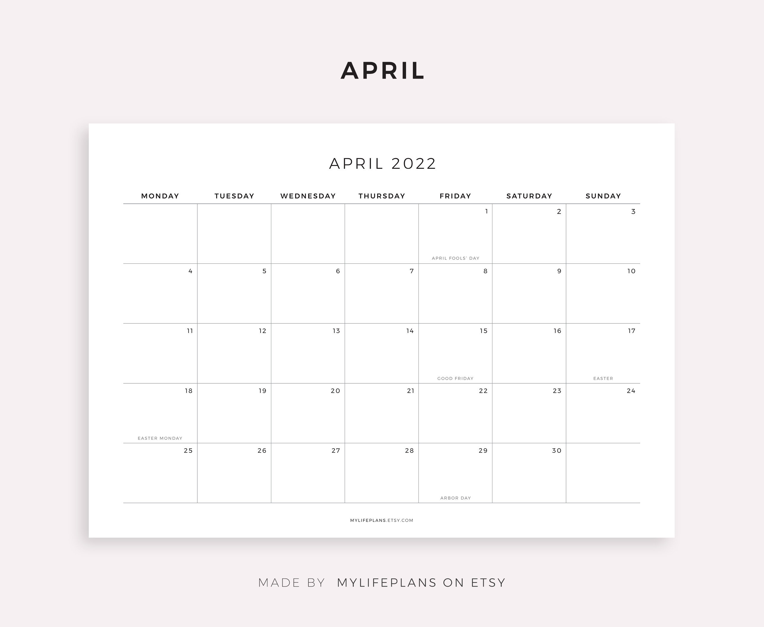2022 monthly calendar with holidays printable calendar etsy