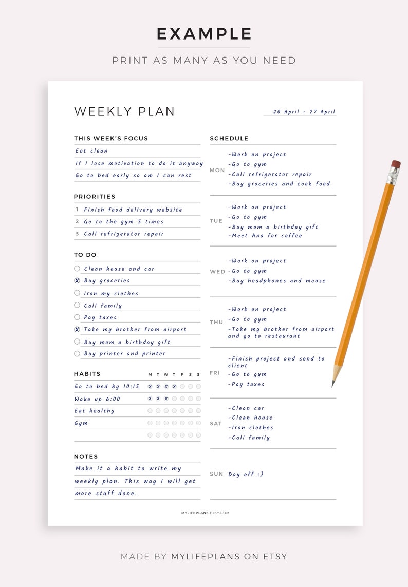 Weekly Planner Printable A5 A4 Letter Half Size Weekly | Etsy UK