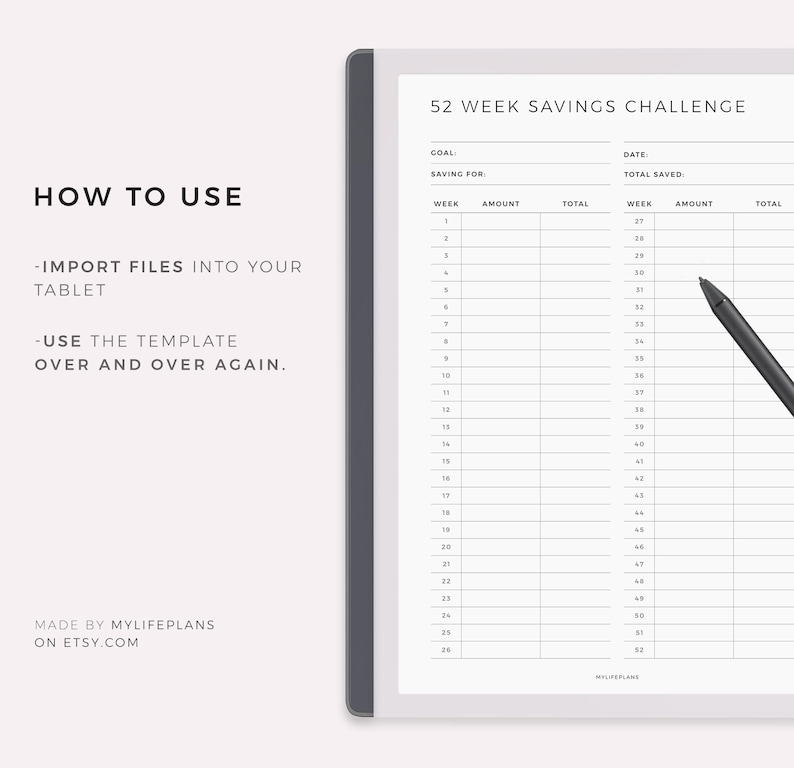 52 Week Savings Challenge for Remarkable Paper Pure, Instant Download ...