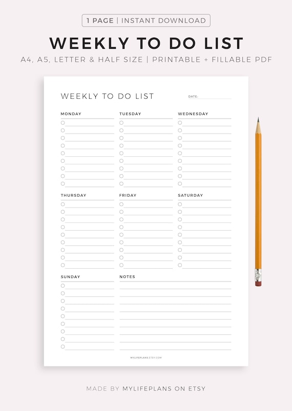 Weekly to Do List Printable, Weekly Task List Template, Weekly