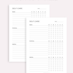 May include: Printable self-care tracker with sections for basic, physical, and mental care. Each section has a daily checklist for a week, with Sunday and Monday start options. The tracker has a simple black and white design.
