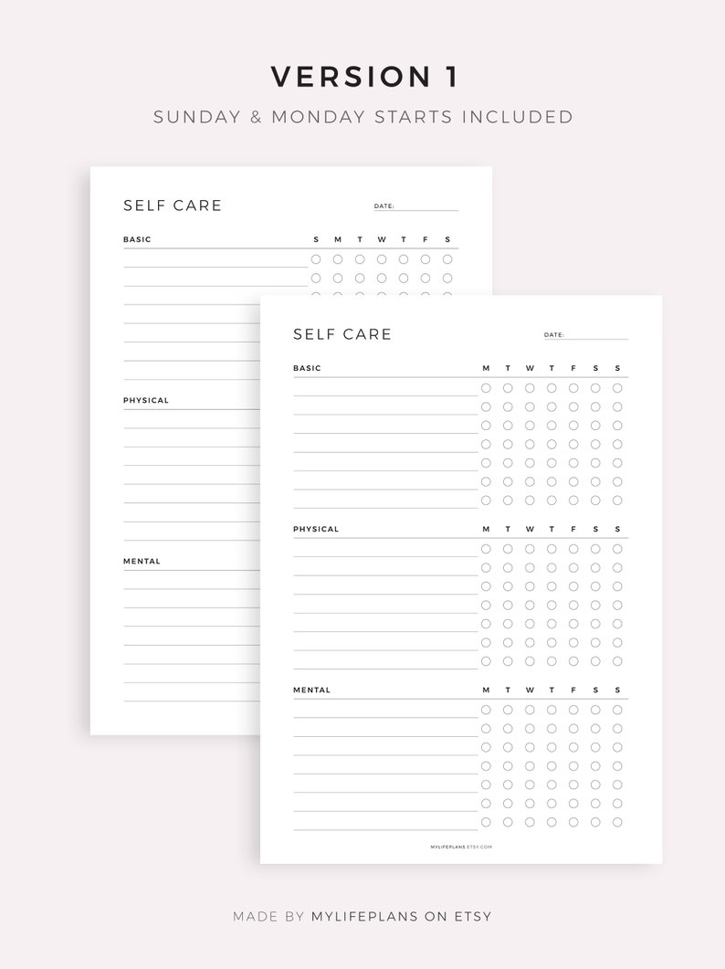 May include: Printable self-care tracker with sections for basic, physical, and mental care. Each section has a daily checklist for a week, with Sunday and Monday start options. The tracker has a simple black and white design.