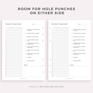 May include: A printable mood tracker with a grid of circles for each day of the month. The tracker includes a list of mood descriptors, such as "anxious, nervous, insecure" and "happy, excited, motivated". The tracker is designed to be used with a hole punch and is suitable for a planner or journal.