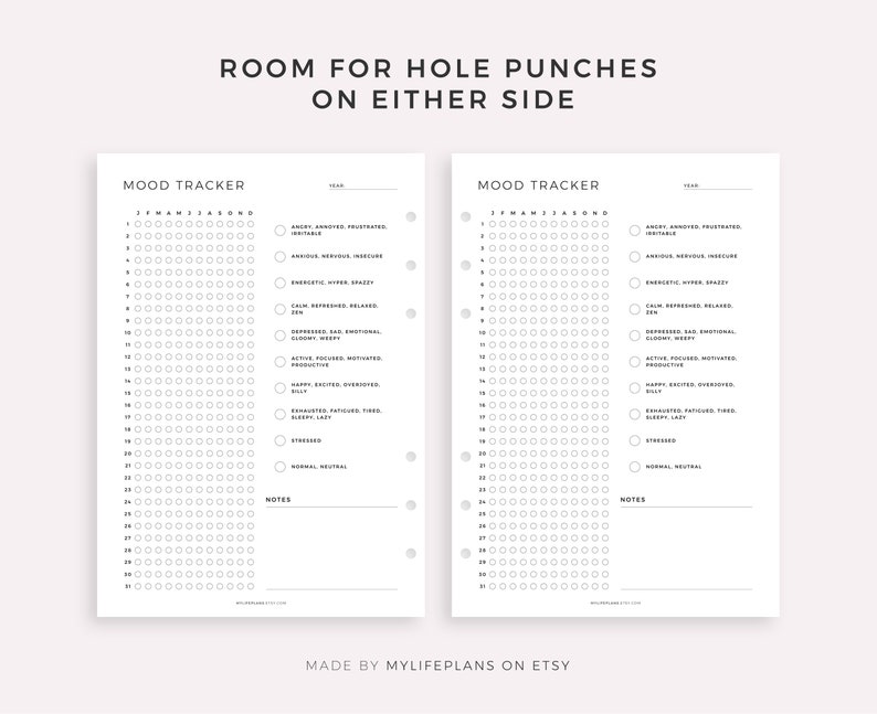 May include: A printable mood tracker with a grid of circles for each day of the month. The tracker includes a list of mood descriptors, such as "anxious, nervous, insecure" and "happy, excited, motivated". The tracker is designed to be used with a hole punch and is suitable for a planner or journal.