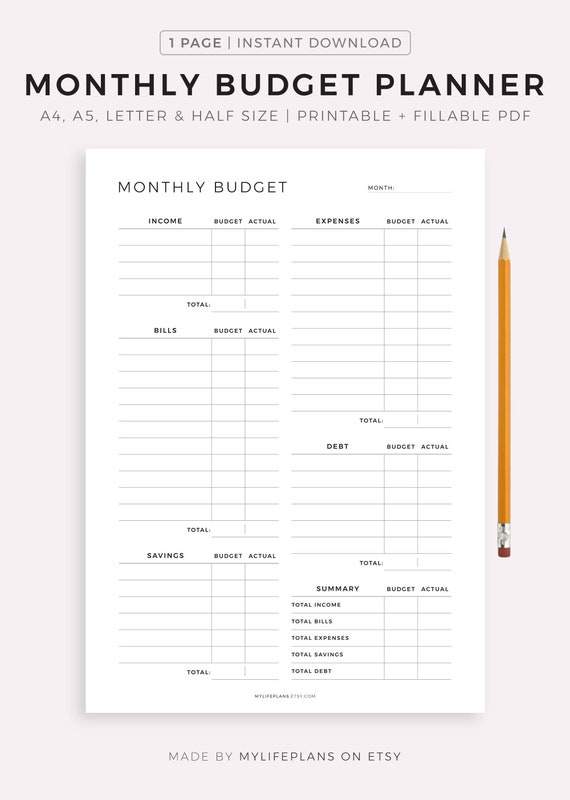 Monthly Budget Planner Printable &amp; Fillable PDF Budget - Etsy