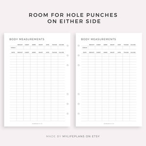 May include: Two white planner pages with the text "BODY MEASUREMENTS" and "ROOM FOR HOLE PUNCHES ON EITHER SIDE". Each page has a grid for recording body measurements, including weight, chest, arms, waist, hips, thighs, and calves. The bottom of the pages reads "MADE BY MYLIFEPLANS ON ETSY".