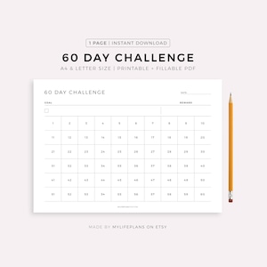 60 Day Challenge Printable Landscape, Goal Setting, Progress Tracker, Habit Forming, A4/Letter, Instant Download PDF image 1