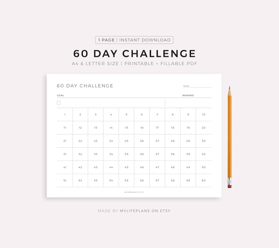 60 Day Challenge Printable Landscape, Goal Setting, Progress Tracker, Habit Forming, A4/Letter, Instant Download PDF