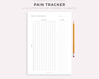 Monthly Pain Tracker Printable Template, Track Daily Pain Severity, Health Tracker, A4/A5/Letter/Half Size, Instant Download PDF
