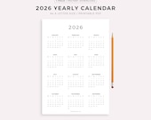 2026 Year Calendar Printable, Yearly Wall Calendar, Desk Calendar, Sunday & Monday Start, Minimalist Calendar, A4/Letter, Vertical