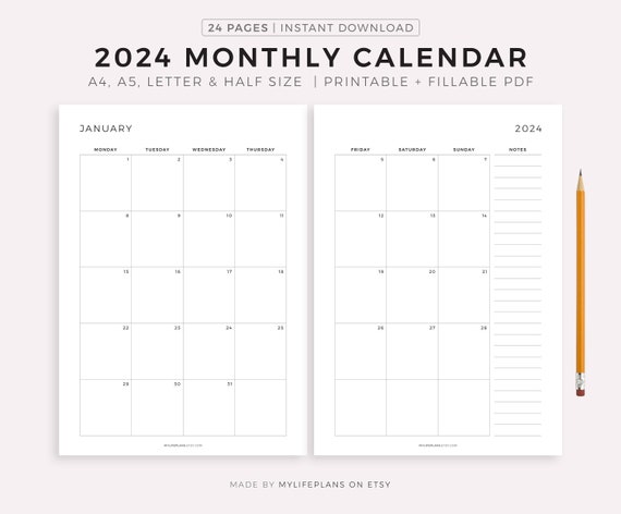 Calendario mensile 2024 su due pagine con note, modello di calendario  stampabile PDF, calendario annuale, inizio lunedì/domenica,  A4/A5/lettera/metà -  Italia