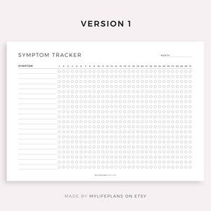 Puede incluir: Un rastreador de s&iacute;ntomas imprimible con una cuadr&iacute;cula de 31 d&iacute;as y l&iacute;neas para enumerar los s&iacute;ntomas. El rastreador est&aacute; etiquetado como "Symptom Tracker" y "Month".