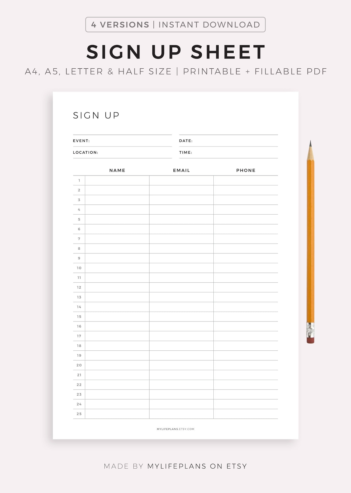 Fillable Sign up Sheet Printable Event Sign Up Customer Etsy