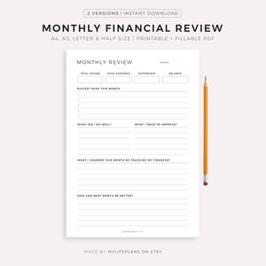 Monthly Financial Review, Financial Reflection, Budgeting Evaluation, Finance Summary, Printable Insert Template, A4/A5/Letter/Half Size