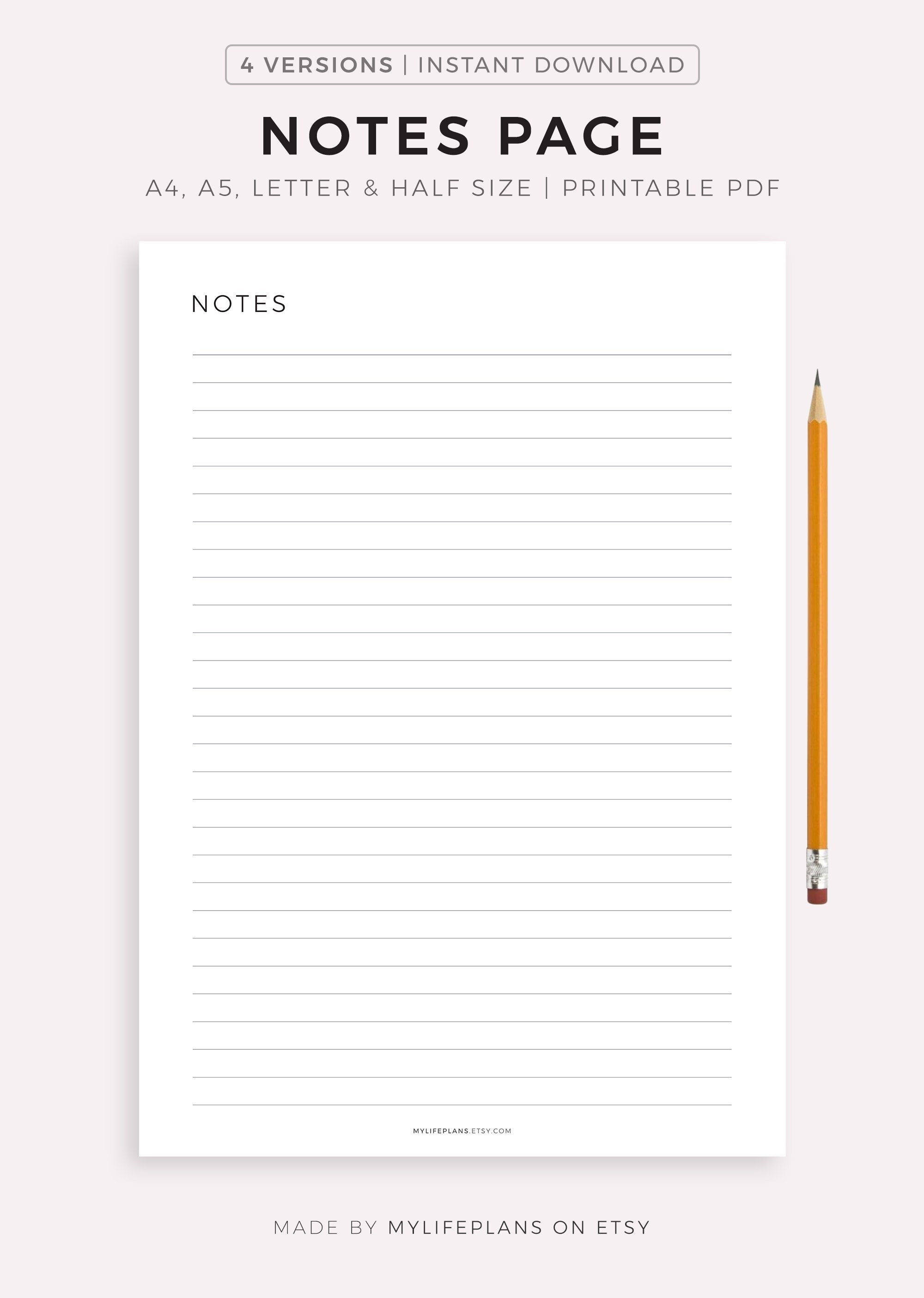Notes Page Printable, Lined Notes Template, Note Taking, Writing Paper, Notes Planner Insert, A4/A5/Letter/Half Size, Instant Download PDF
