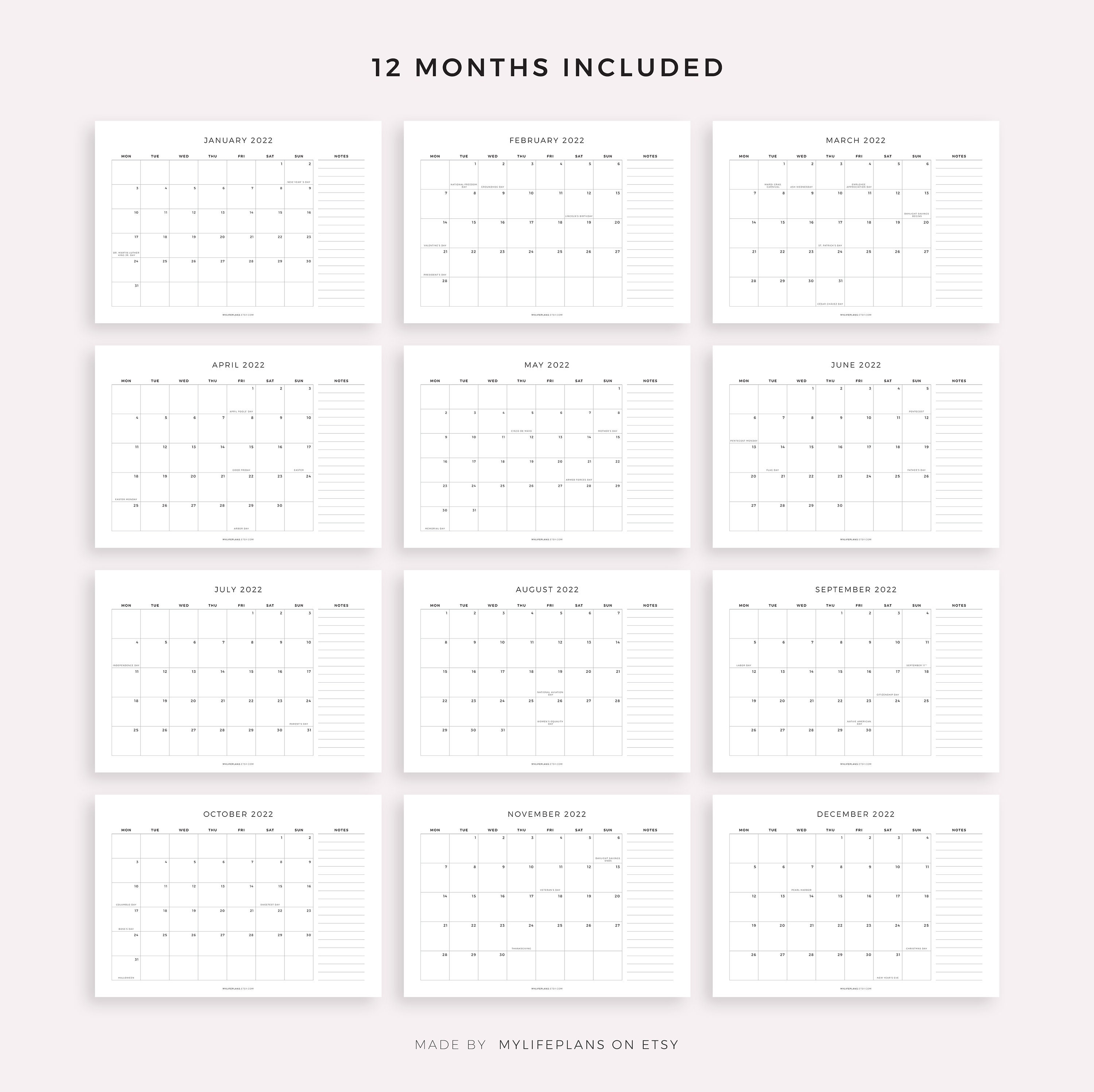 2022 monthly calendar with holidays notes printable etsy