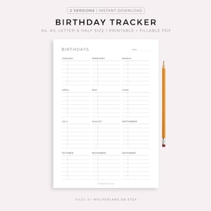 Geburtstag Tracker druckbare Vorlage, Geburtstagskalender, Geburtstagserinnerung, Geburtstagsplaner, A4/A5/Letter/halbe Größe, Sofort Download PDF