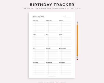 Birthday Tracker Printable Template, Birthday Calendar, Birthday Reminder, Birthday Planner, A4/A5/Letter/Half Size, Instant Download PDF