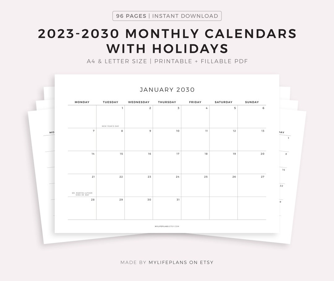 2023 2030 monthly calendars with holidays printable calendar template