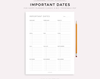 May include: A printable PDF planner page titled "IMPORTANT DATES" with sections for each month of the year. The page is white with black text and lines, and a yellow pencil rests on the right side. The planner is designed for Happy Planner Classic & Big.