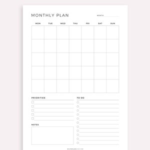 May include: A printable monthly planner with a grid for each day of the month, sections for priorities and to-do lists, and a notes section. The planner includes the text "MONTHLY PLANNER" and "SUNDAY & MONDAY STARTS INCLUDED".
