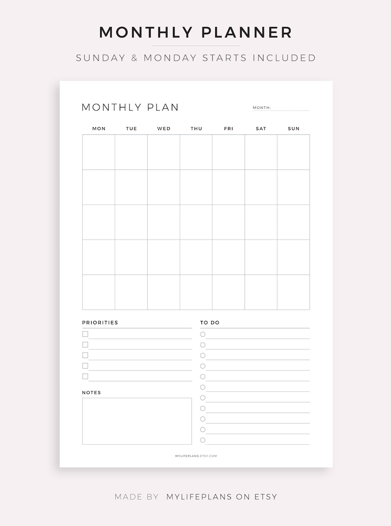 May include: A printable monthly planner with a grid for each day of the month, sections for priorities and to-do lists, and a notes section. The planner includes the text "MONTHLY PLANNER" and "SUNDAY & MONDAY STARTS INCLUDED".
