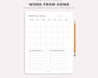 May include: A printable PDF planner page with the text "WORK FROM HOME" and "MONTHLY PLAN". The page includes a calendar grid, and sections for top work and personal priorities. A yellow pencil is placed on the right side.