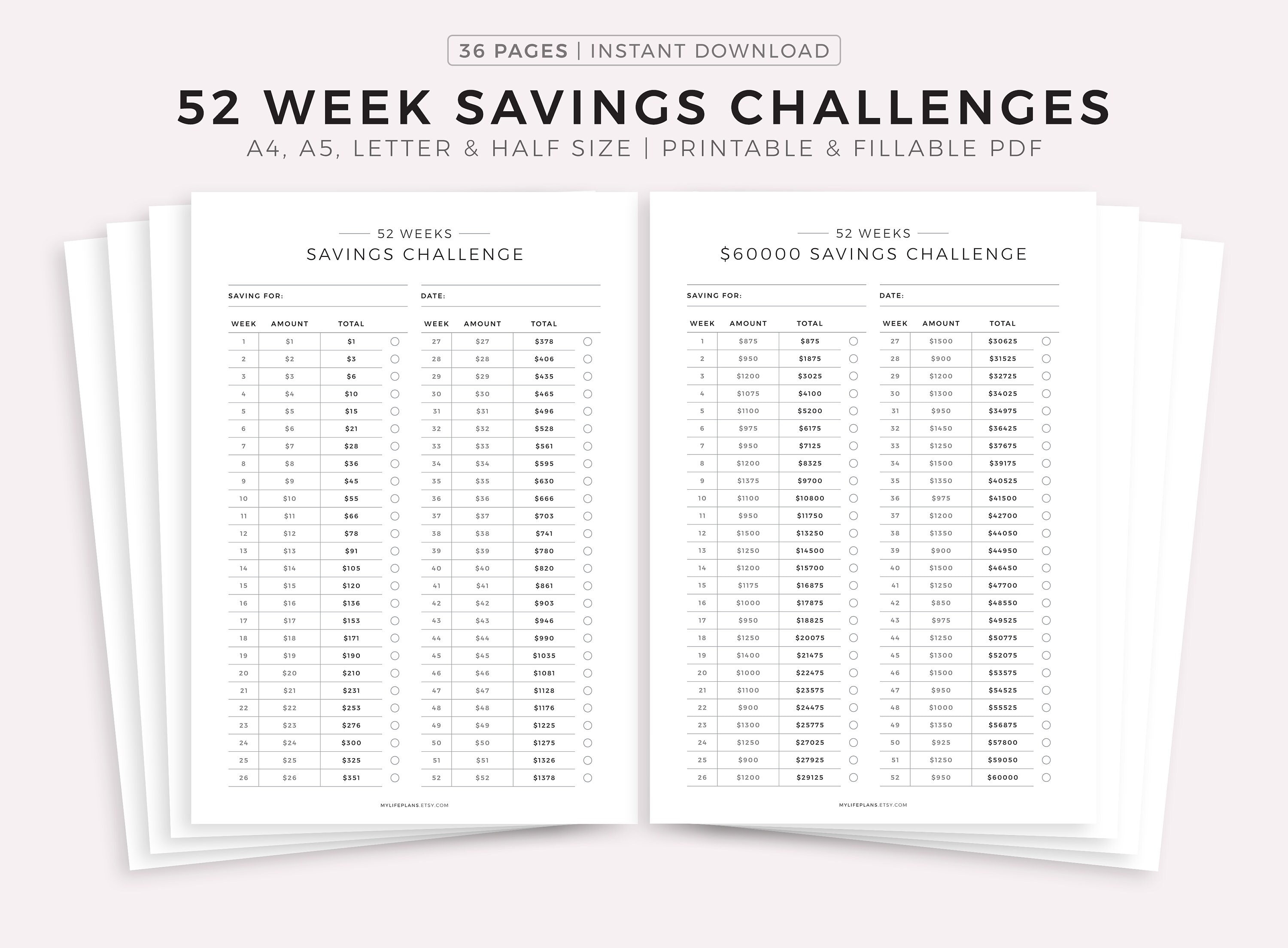 52 Week Saving Challenges Printable Fillable PDF Savings Etsy