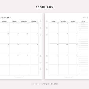 May include: A minimalist, two-page planner spread for February 2027. The left page displays a monthly calendar grid, while the right page includes a calendar grid and a notes section. The word "FEBRUARY" is at the top.
