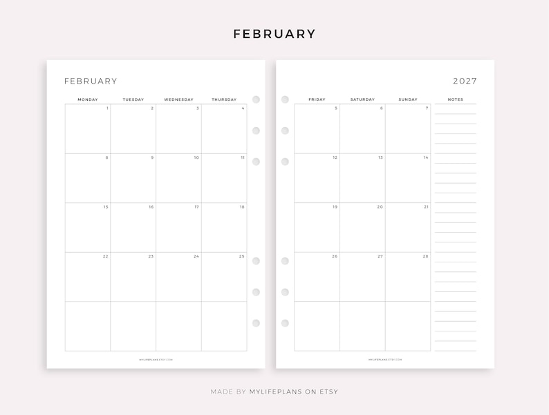 May include: A minimalist, two-page planner spread for February 2027. The left page displays a monthly calendar grid, while the right page includes a calendar grid and a notes section. The word "FEBRUARY" is at the top.