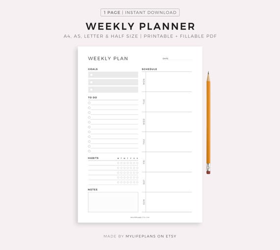 Weekly Planner Printable, Weekly Goal Planner, Weekly To Do List, Weekly Habit Tracker, Weekly Agenda & Organizer, A4/A5/Letter/Half Letter
