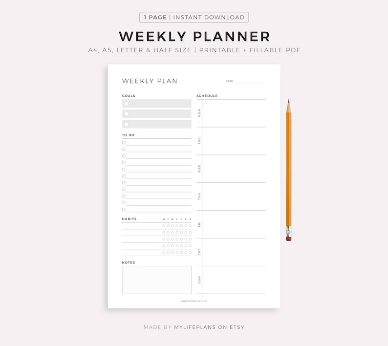 Weekly Planner Printable, Weekly Goal Planner, Weekly To Do List, Weekly Habit Tracker, Weekly Agenda & Organizer, A4/A5/Letter/Half Letter image 1