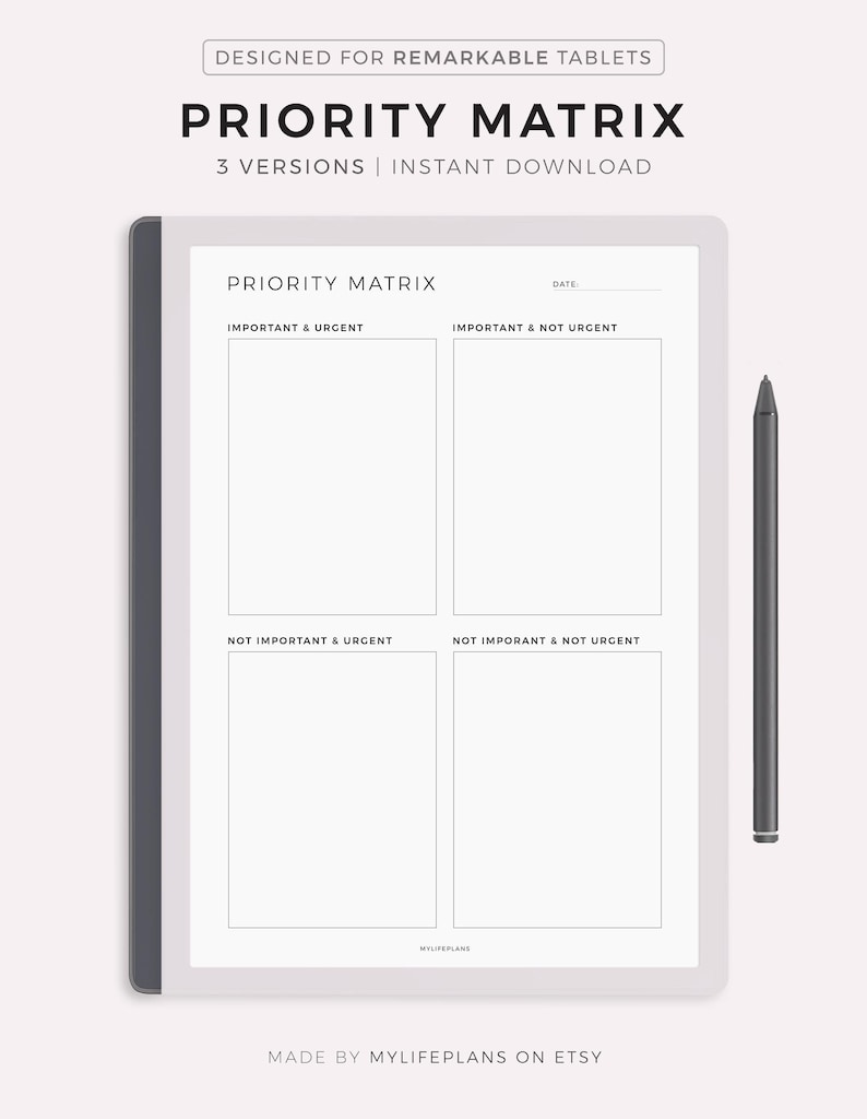 Priority Matrix Planner for Remarkable 2, Decision Matrix, Eisenhower ...