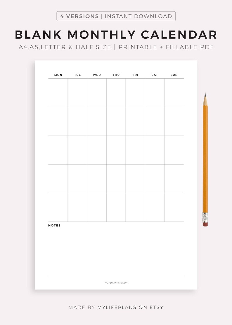 Blank Monthly Calendar Template Printable & Fillable Undated | Etsy