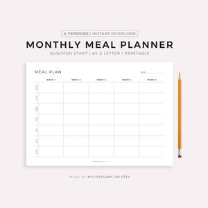 Monthly Meal Planner Printable Landscape, 30 Day Menu Planner, Food Planner, Health & Fitness, A4/Letter/