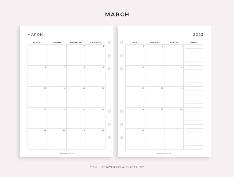 2023 Monthly Calendar On Two Pages With Notes Printable Etsy Uk