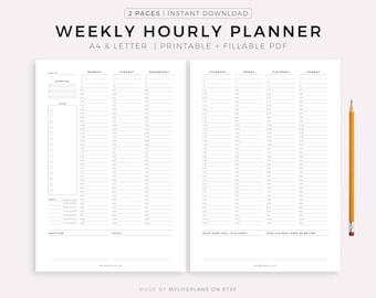 Planificador semanal por horas imprimible, horario semanal, planificador diario, organizador semanal, lista de tareas semanales A4 y carta