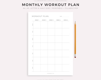 Monthly Workout Planner Printable, 30 Days Fitness Planner, Exercise Planner, Workout Journal A4/A5/Letter/Half Size, Instant Download