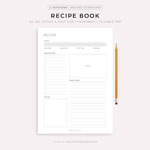 Recipe Book Template Printable, Blank Recipe Page, Cook Book Journal, Recipe Card, Recipe Planner, A4/A5/Letter/Half, Instant Download