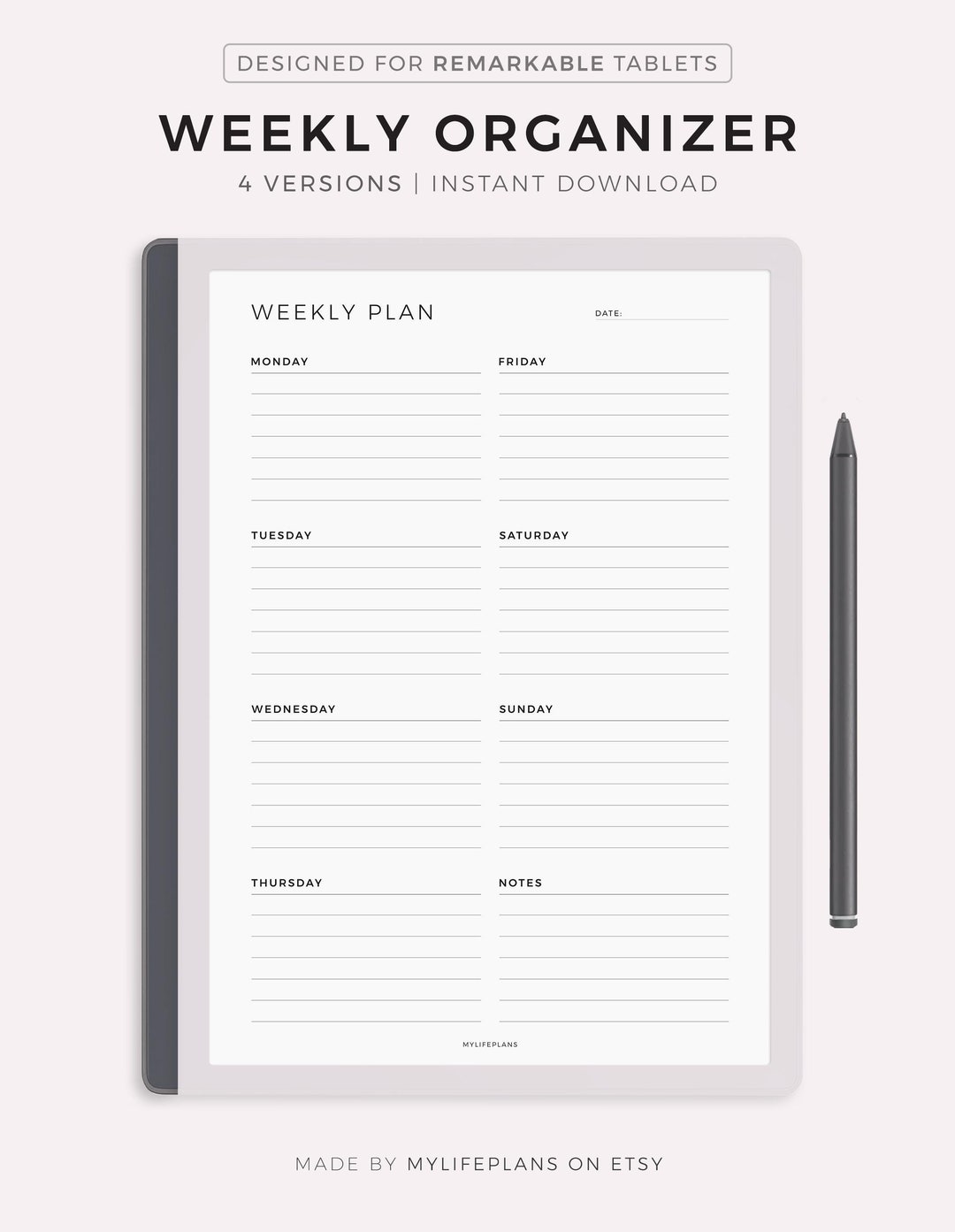 Weekly Organizer for Remarkable Paper Pure, Weekly Planner to Do List ...