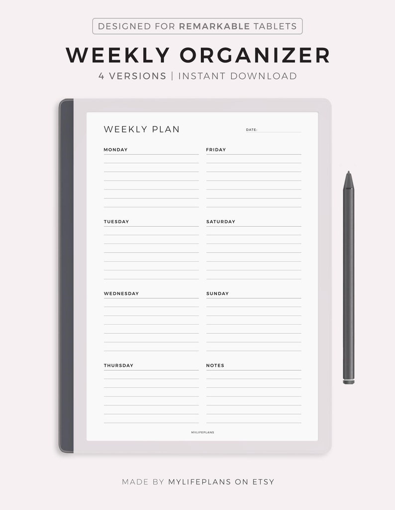 Weekly Organizer for Remarkable Paper Pure, Weekly Planner to Do List ...