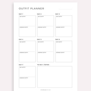 May include: A printable outfit planner with seven days of the week, a section for to buy/notes, and the text "Version 1" and "Outfit Planner".