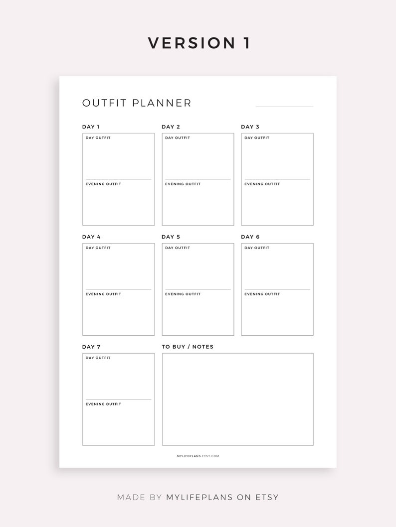May include: A printable outfit planner with seven days of the week, a section for to buy/notes, and the text "Version 1" and "Outfit Planner".