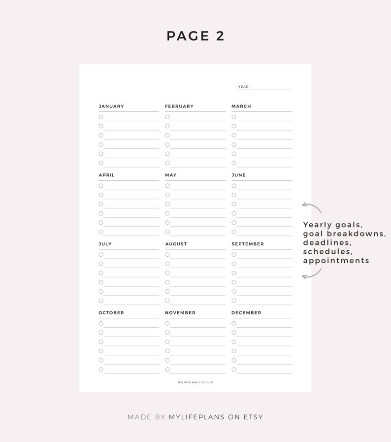 May include: A printable planner page with a monthly calendar layout for tracking yearly goals, deadlines, and appointments. The page is divided into 12 sections, one for each month of the year. Each month has a list of blank circles and lines for writing.